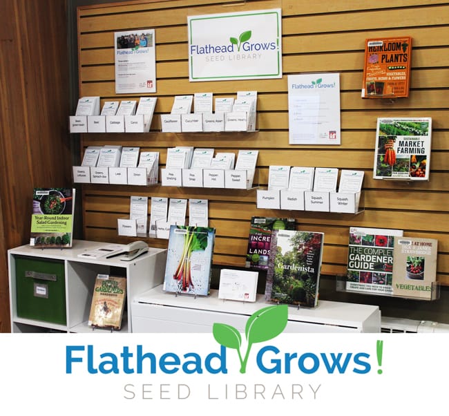 Shelves with Seed Packets, and Flathead Grows Logo