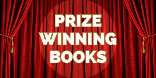 Red velvet curtains and a spotlight highlighting the text: "Prize Winning Books"