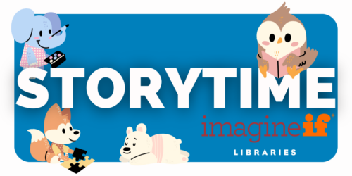 Page header reading "Storytime" with the ImagineIF Libraries logo, surrounded by cute cartoon animals.